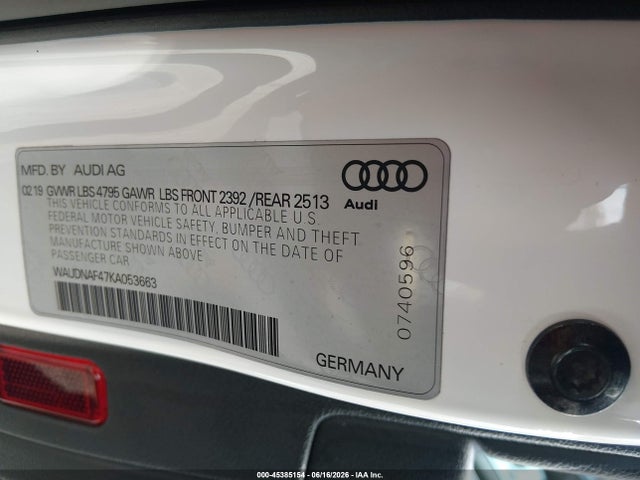 Aukcja sprzedaży 2019 Audi A4 45 Premium, vin: WAUDNAF47KA053663, numer aukcji: 45385154