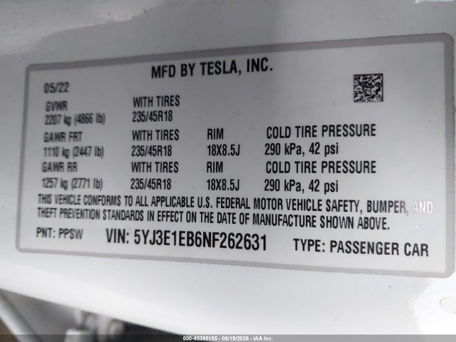Tesla Model 3 Long Range Dual Motor All-wheel Drive 2022 5YJ3E1EB6NF262631 Image 9