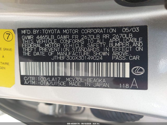 2003 Lexus Es 300 მანქანა იყიდება აუქციონზე, vin: JTHBF30GX30149024, აუქციონის ნომერი: 45385176