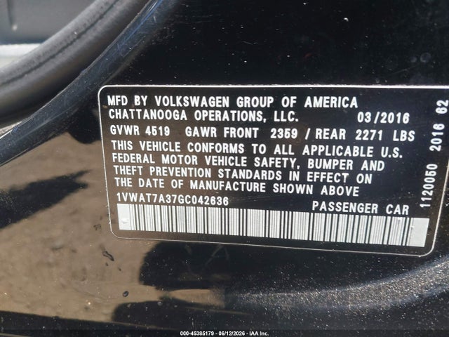 45385179 :رقم المزاد ، 1VWAT7A37GC042636 vin ، 2016 Volkswagen Passat 1.8t S مزاد بيع
