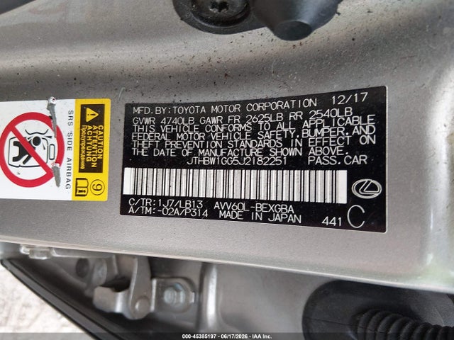 2018 Lexus Es 300h მანქანა იყიდება აუქციონზე, vin: JTHBW1GG5J2182251, აუქციონის ნომერი: 45385197