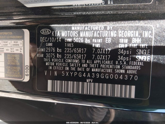 KIA Sorento 2.4l Lx 2016 5XYPG4A39GG004370 Image 9