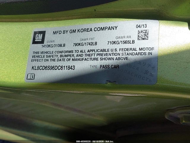 45385225 :رقم المزاد ، KL8CD6S96DC611843 vin ، 2013 Chevrolet Spark 1lt Auto مزاد بيع