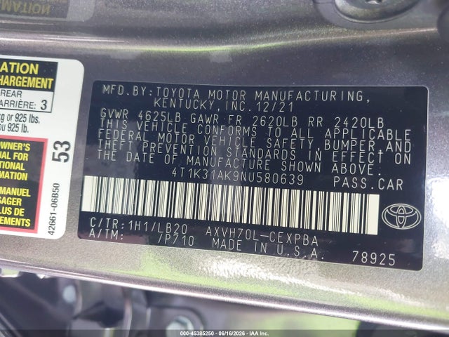 4T1K31AK9NU580639 Toyota Camry Xse Hybrid