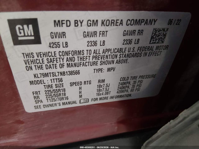 KL79MTSL7NB138566 Chevrolet Trailblazer Fwd Rs