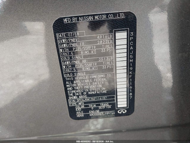 2019 Infiniti Qx50 Essential მანქანა იყიდება აუქციონზე, vin: 3PCAJ5M19KF116187, აუქციონის ნომერი: 45385252