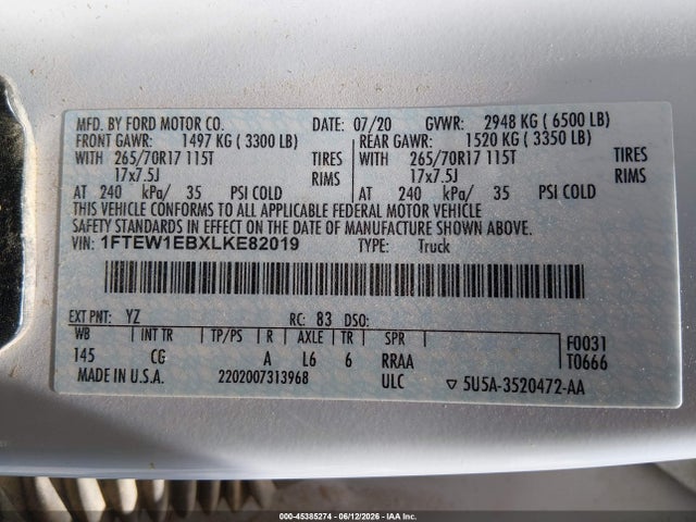2020 Ford F-150 Xl მანქანა იყიდება აუქციონზე, vin: 1FTEW1EBXLKE82019, აუქციონის ნომერი: 45385274