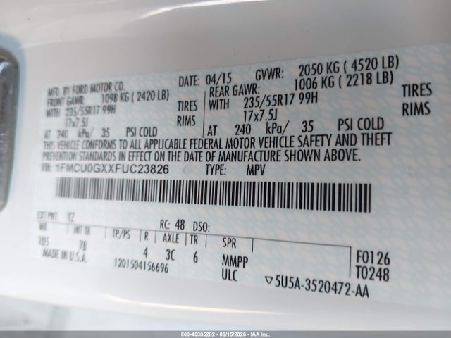 Aukcja sprzedaży 2015 Ford Escape Se, vin: 1FMCU0GXXFUC23826, numer aukcji: 45385282
