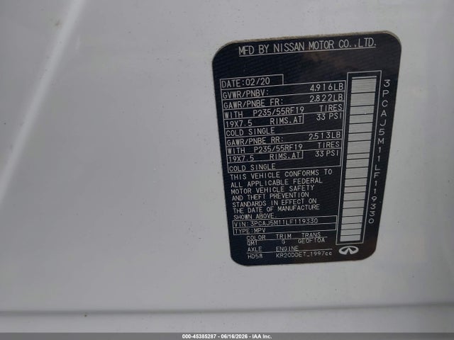 45385287 :رقم المزاد ، 3PCAJ5M11LF119330 vin ، 2020 Infiniti Qx50 Luxe مزاد بيع