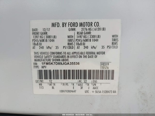 45385325 :رقم المزاد ، 1FM5K7D89JGA35536 vin ، 2018 Ford Explorer Xlt مزاد بيع