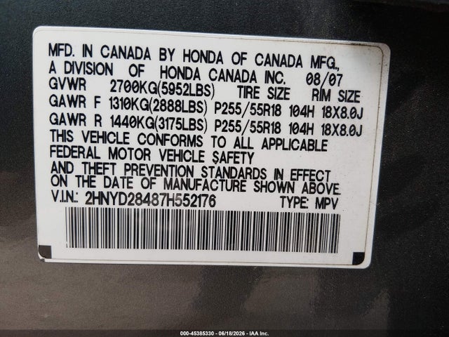 Aukcja sprzedaży 2007 Acura Mdx Technology Package, vin: 2HNYD28487H552176, numer aukcji: 45385330