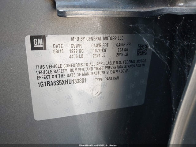 45385335 :رقم المزاد ، 1G1RA6S5XHU133801 vin ، 2017 Chevrolet Volt Lt مزاد بيع