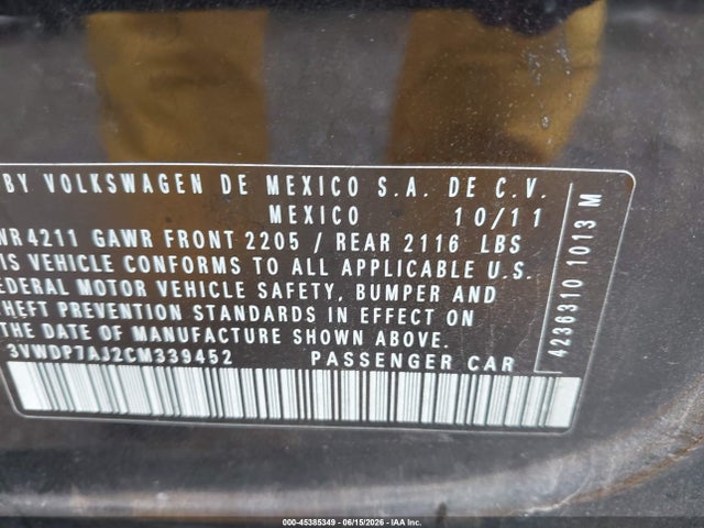 2012 Volkswagen Jetta 2.5l Se მანქანა იყიდება აუქციონზე, vin: 3VWDP7AJ2CM339452, აუქციონის ნომერი: 45385349