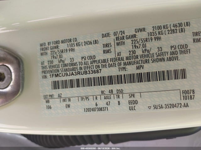 Auction sale of the 2024 Ford Escape Platinum, vin: 1FMCU9JA3RUB33687, lot number: 45385350