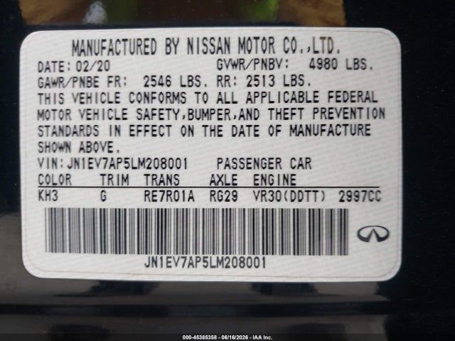 2020 Infiniti Q50 მანქანა იყიდება აუქციონზე, vin: JN1EV7AP5LM208001, აუქციონის ნომერი: 45385358