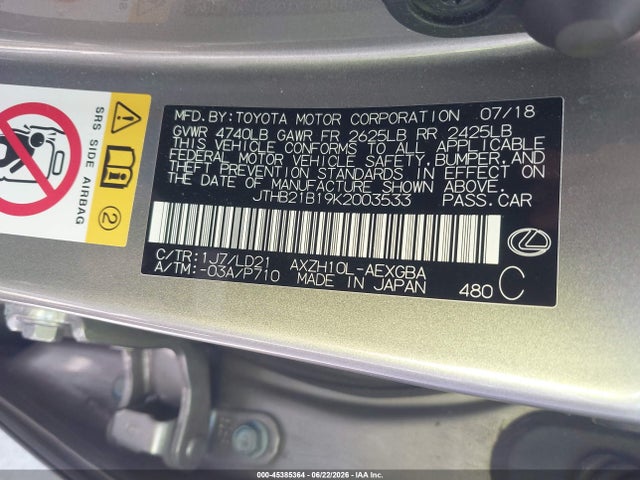 Lexus ES 300H 2019 JTHB21B19K2003533 Image 9