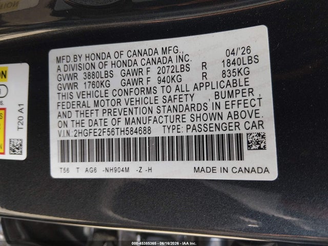 Honda Civic Sport 2026 2HGFE2F56TH584688 Image 9