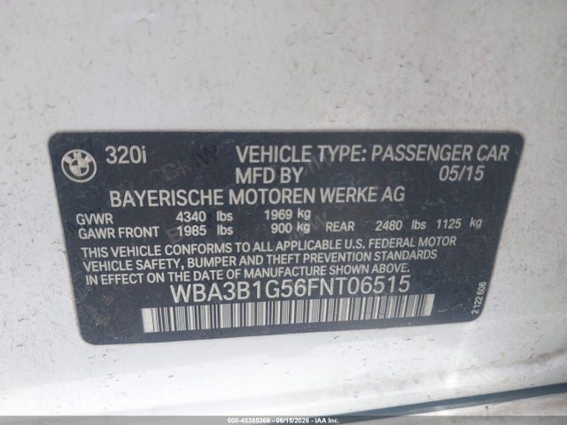 2015 Bmw 320i მანქანა იყიდება აუქციონზე, vin: WBA3B1G56FNT06515, აუქციონის ნომერი: 45385366