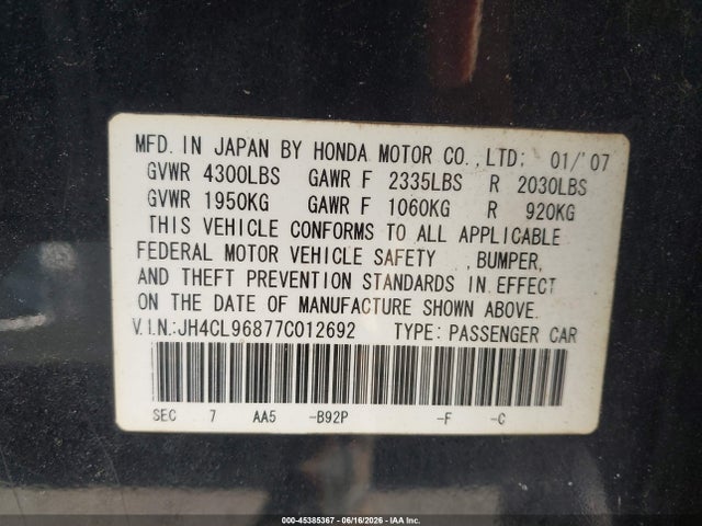 2007 Acura Tsx მანქანა იყიდება აუქციონზე, vin: JH4CL96877C012692, აუქციონის ნომერი: 45385367
