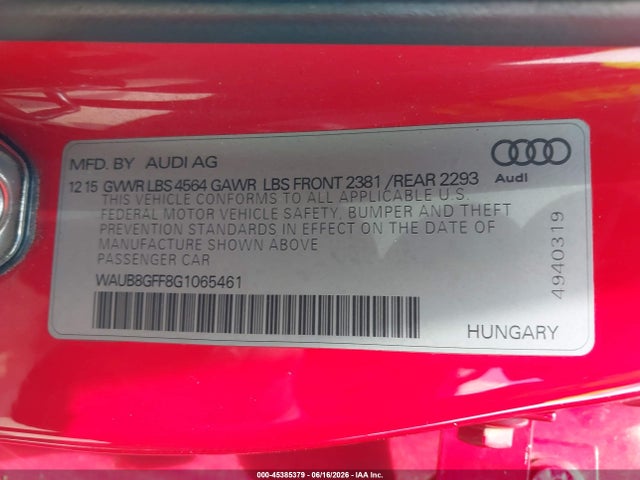 Aukcja sprzedaży 2016 Audi A3 2.0t Premium, vin: WAUB8GFF8G1065461, numer aukcji: 45385379