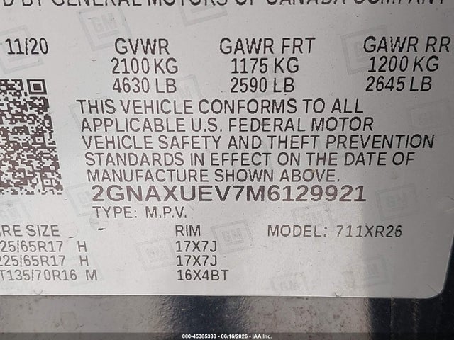 Aukcja sprzedaży 2021 Chevrolet Equinox Awd Lt, vin: 2GNAXUEV7M6129921, numer aukcji: 45385399