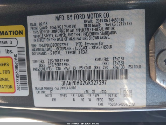 Продажа на аукционе авто 2016 Ford Fusion Se, vin: 3FA6P0HD2GR227297, номер лота: 45385401
