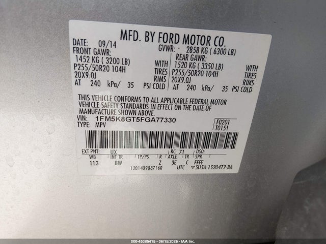 Ford EXPLORER SPORT 2015 1FM5K8GT5FGA77330 Image 9