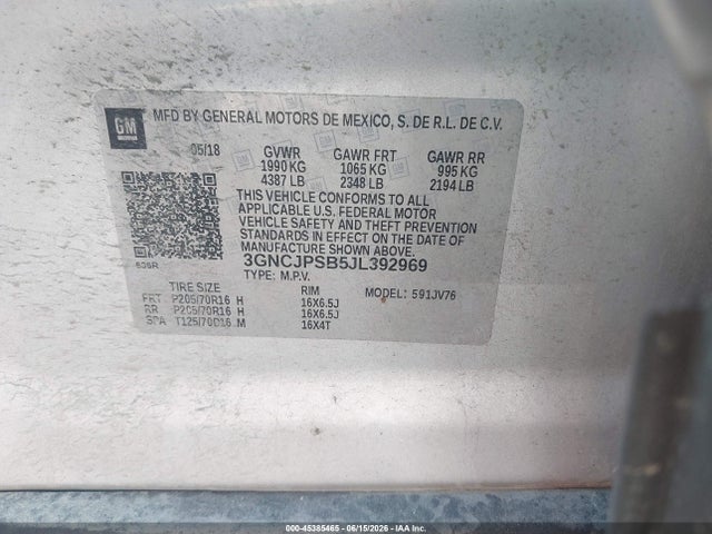 Aukcja sprzedaży 2018 Chevrolet Trax Lt, vin: 3GNCJPSB5JL392969, numer aukcji: 45385465