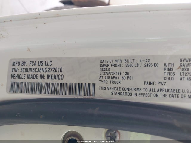 Aukcja sprzedaży 2022 Ram 2500 Tradesman  4x4 6'4 Box, vin: 3C6UR5CJ8NG272010, numer aukcji: 45385469
