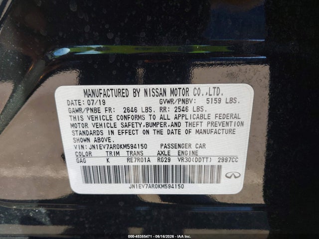 Aukcja sprzedaży 2019 Infiniti Q50 3.0t Luxe, vin: JN1EV7AR0KM594150, numer aukcji: 45385471