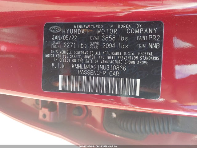 Aukcja sprzedaży 2022 Hyundai Elantra Sel, vin: KMHLM4AG1NU310836, numer aukcji: 45385484