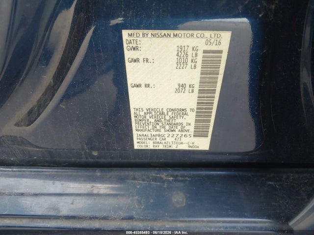 2016 Nissan Altima 2.5 Sr მანქანა იყიდება აუქციონზე, vin: 1N4AL3AP8GC227265, აუქციონის ნომერი: 45385493