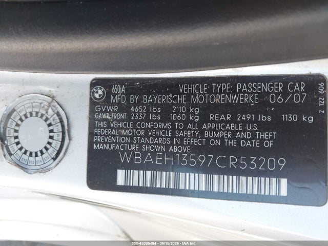 Продажа на аукционе авто 2007 Bmw 650i, vin: WBAEH13597CR53209, номер лота: 45385494
