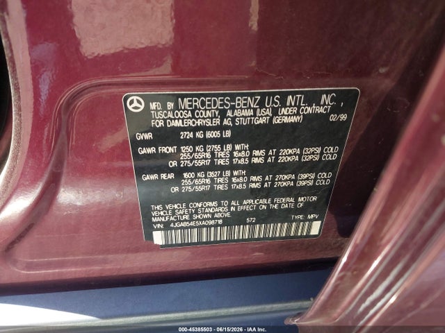 Продажа на аукционе авто 1999 Mercedes-benz Ml 320, vin: 4JGAB54E5XA098718, номер лота: 45385503