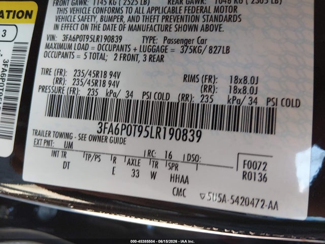 Ford FUSION SE 2020 3FA6P0T95LR190839 Image 9
