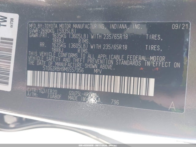 5TDGZRBH9MS557956 Toyota Highlander Xle