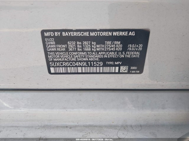 Aukcja sprzedaży 2022 Bmw X5 Xdrive40i, vin: 5UXCR6C04N9L11529, numer aukcji: 45385518