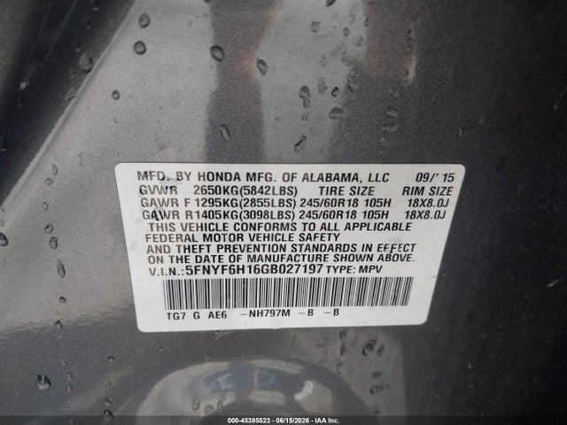 Honda PILOT LX 2016 5FNYF6H16GB027197 Image 9
