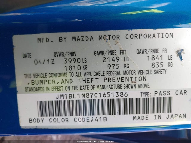 45385528 :رقم المزاد ، JM1BL1M87C1651386 vin ، 2012 Mazda Mazda3 I Grand Touring مزاد بيع