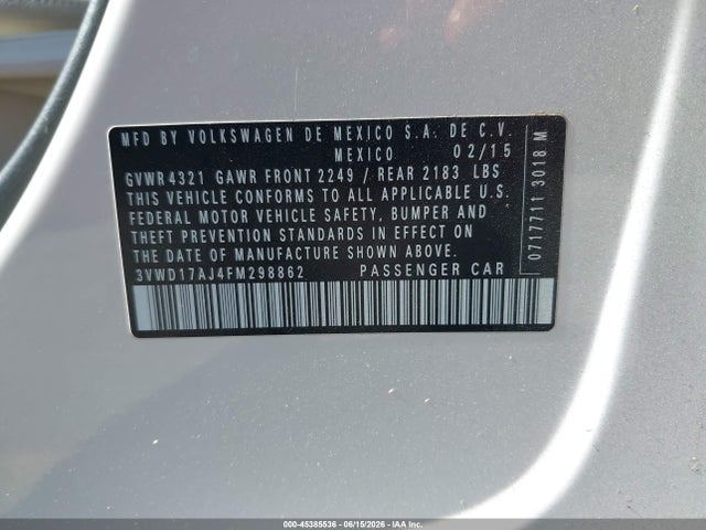 Aukcja sprzedaży 2015 Volkswagen Jetta 1.8t Se, vin: 3VWD17AJ4FM298862, numer aukcji: 45385536