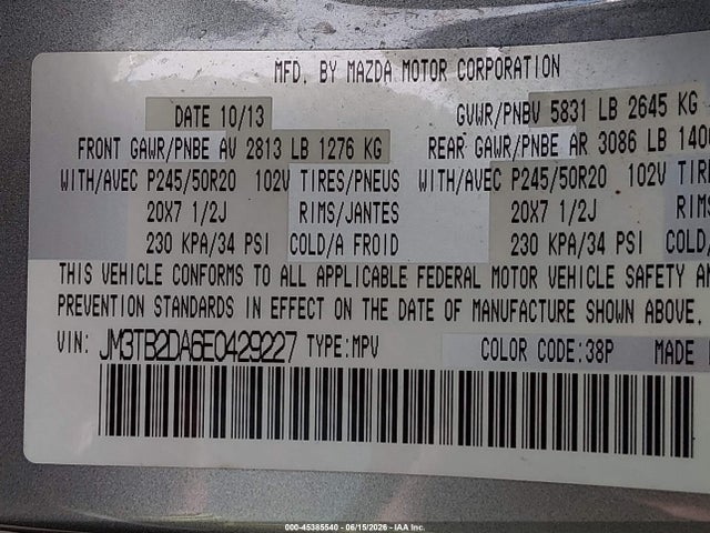Продажа на аукционе авто 2014 Mazda Cx-9 Grand Touring, vin: JM3TB2DA6E0429227, номер лота: 45385540