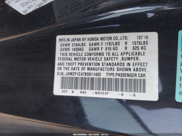 Aukcja sprzedaży 2011 Honda Cr-z, vin: JHMZF1C47BS011402, numer aukcji: 45385564