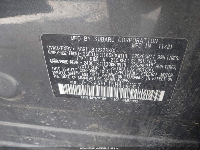 Auction sale of the 2022 Subaru Forester Premium, vin: JF2SKAEC1NH414667, lot number: 45385591