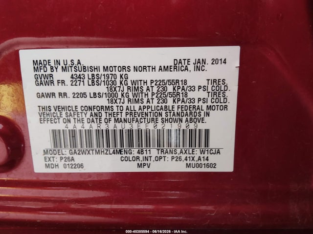 2014 Mitsubishi Outlander Sport Es მანქანა იყიდება აუქციონზე, vin: 4A4AR3AU3EE021909, აუქციონის ნომერი: 45385594