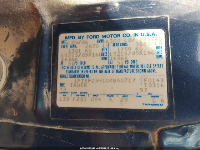 45385596 :رقم المزاد ، 1FTEF25H1GKB40717 vin ، 1986 Ford F250 مزاد بيع