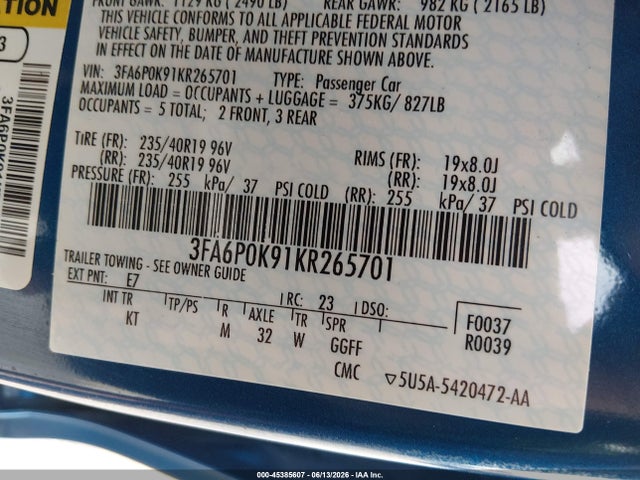 Ford Fusion Titanium 2019 3FA6P0K91KR265701 Image 9
