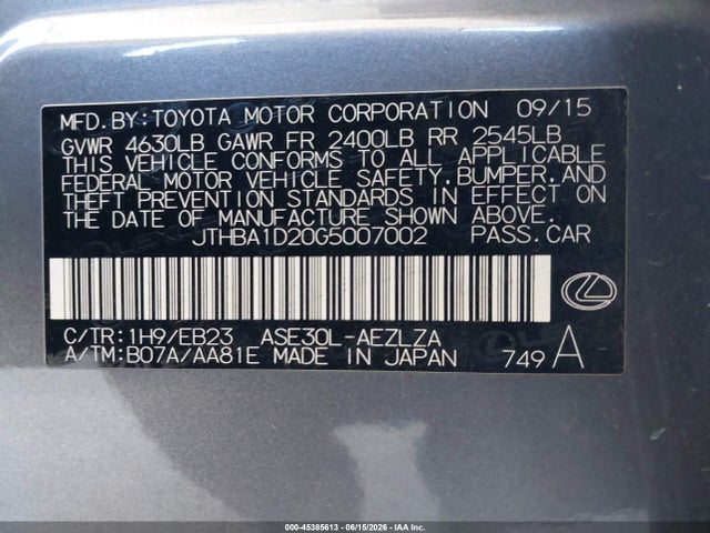 Aukcja sprzedaży 2016 Lexus Is 200t, vin: JTHBA1D20G5007002, numer aukcji: 45385613