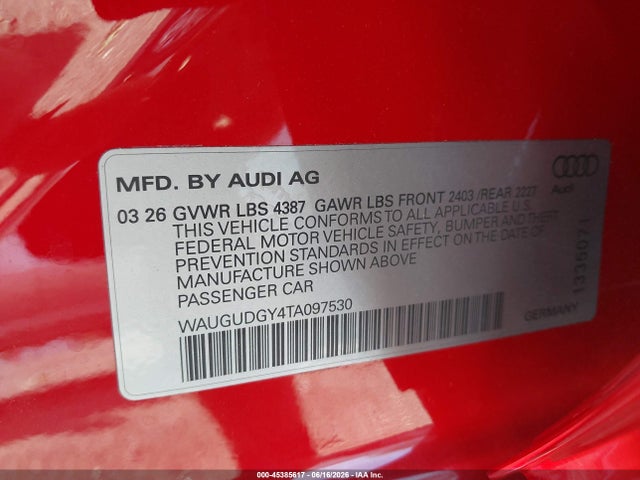 Продаж на аукціоні авто 2026 Audi A3 Premium 40 Tfsi Quattro S Tronic, vin: WAUGUDGY4TA097530, номер лоту: 45385617