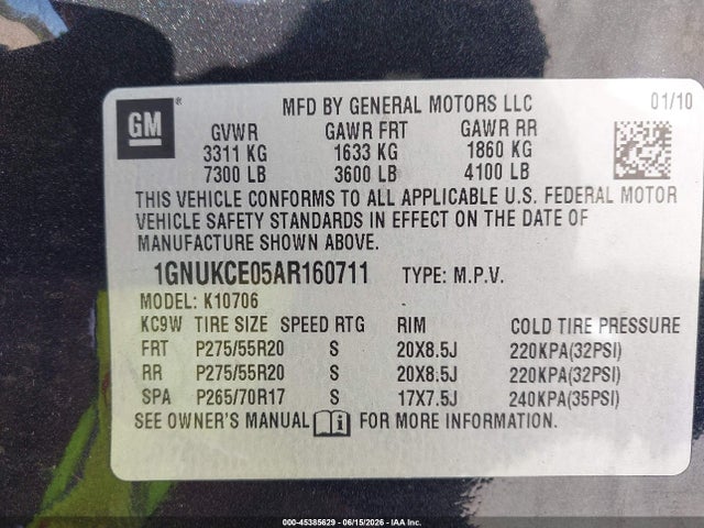2010 Chevrolet Tahoe Ltz მანქანა იყიდება აუქციონზე, vin: 1GNUKCE05AR160711, აუქციონის ნომერი: 45385629