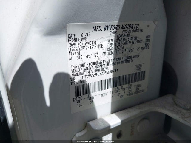 Aukcja sprzedaży 2012 Ford Super Duty F-250 Srw Xlt, vin: 1FT7W2B6XCEB28781, numer aukcji: 45385636